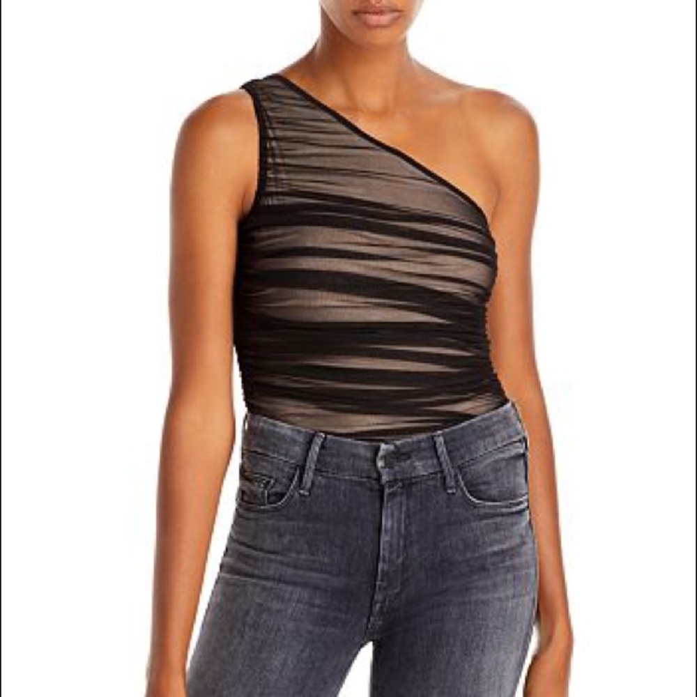 One Shoulder Mesh Ruched Thong Bodysuit